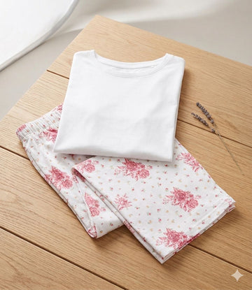 Indulge in ultimate comfort with this charming two-piece pajama set.