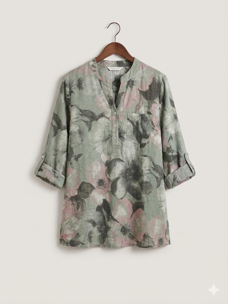 Floral Print Linen-Blend Tunic Blouse – Sage Green & Dusty Rose