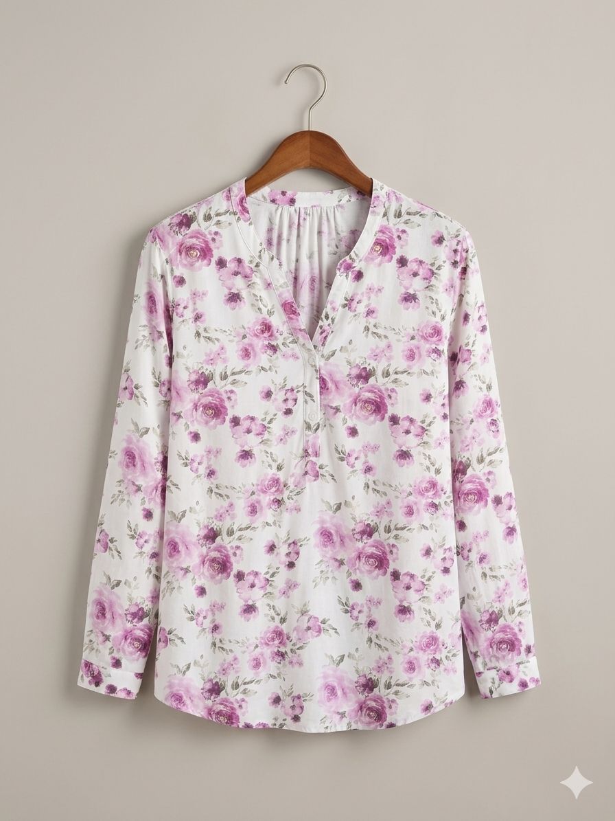 German Floral V-Neck Viscose Blouse - Elegant Pink Rose Print