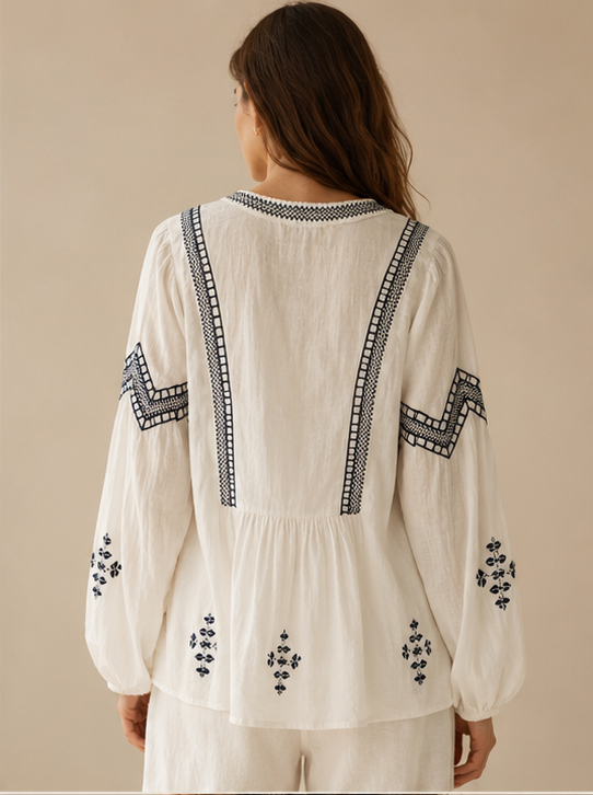Embroidered Linen Blend Blouse
