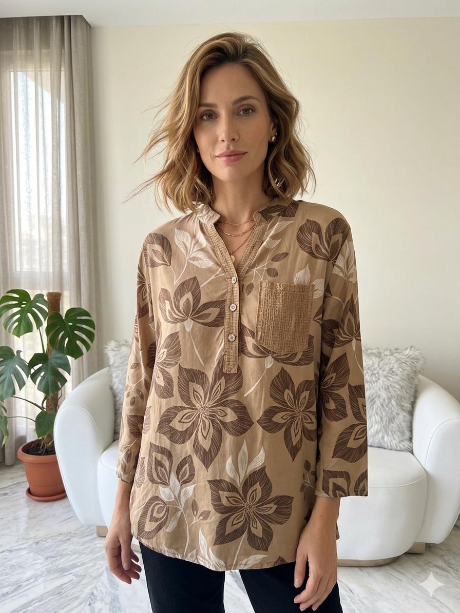 Italian Floral Collection: One-Size Viscose Blouse with Shimmering Accents
