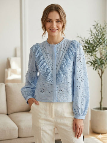 Imported from ZARA 100% Cotton Embroidered Eyelet Blouse in Baby Blue