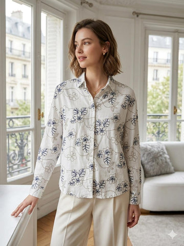 Italian-Made Cotton-Linen Blend Shirt with Sırma-Style Floral Print