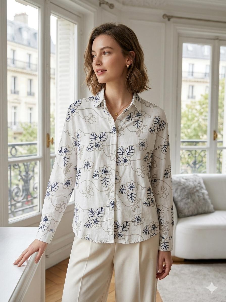Italian-Made Cotton-Linen Blend Shirt with Sırma-Style Floral Print