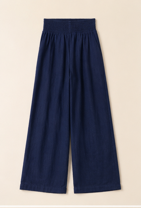 Navy Pure Cotton Linen Wide-Leg Trousers