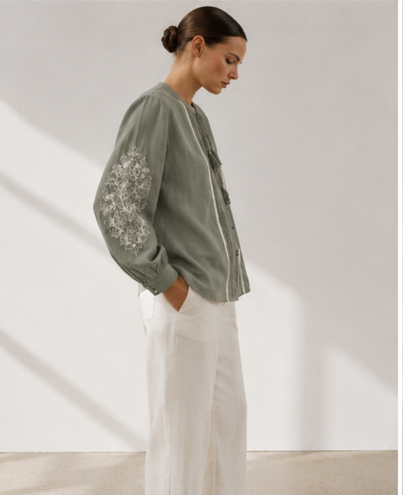 Embroidered Tie-Neck Blouse
Soft, effortless, and timeless.
