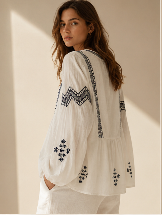 Embroidered Linen Blend Blouse