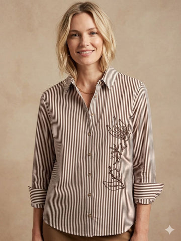 Zara Striped Viscose-Blend Shirt with Copper Beadwork
Elevate your casual