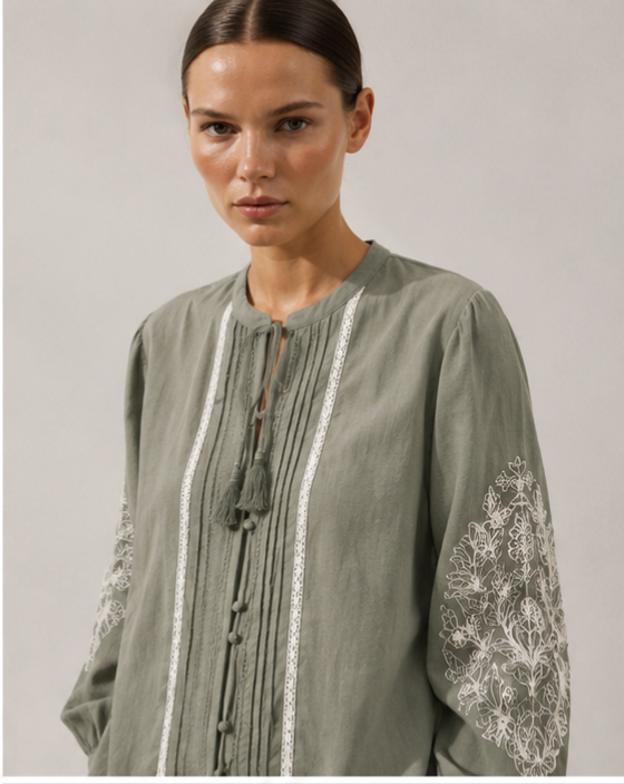 Embroidered Tie-Neck Blouse
Soft, effortless, and timeless.