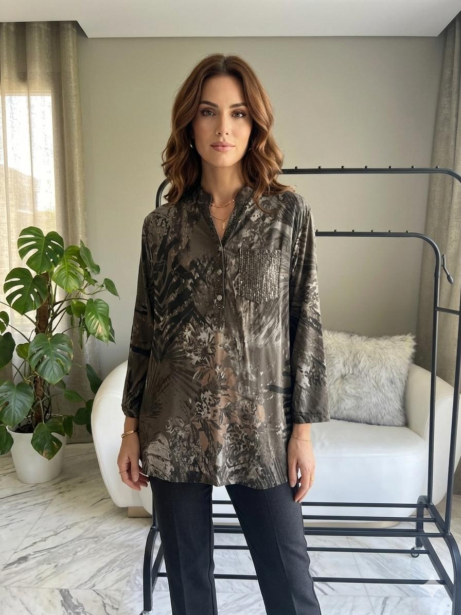 Italian Floral Collection: One-Size Viscose Blouse with Shimmering Accents