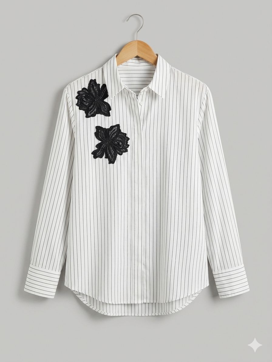 Zara Thin Black Striped White Shirt with Black Guipure Rose Appliques