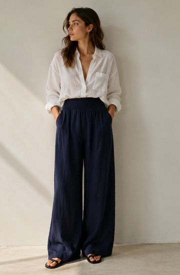 Navy Pure Cotton Linen Wide-Leg Trousers