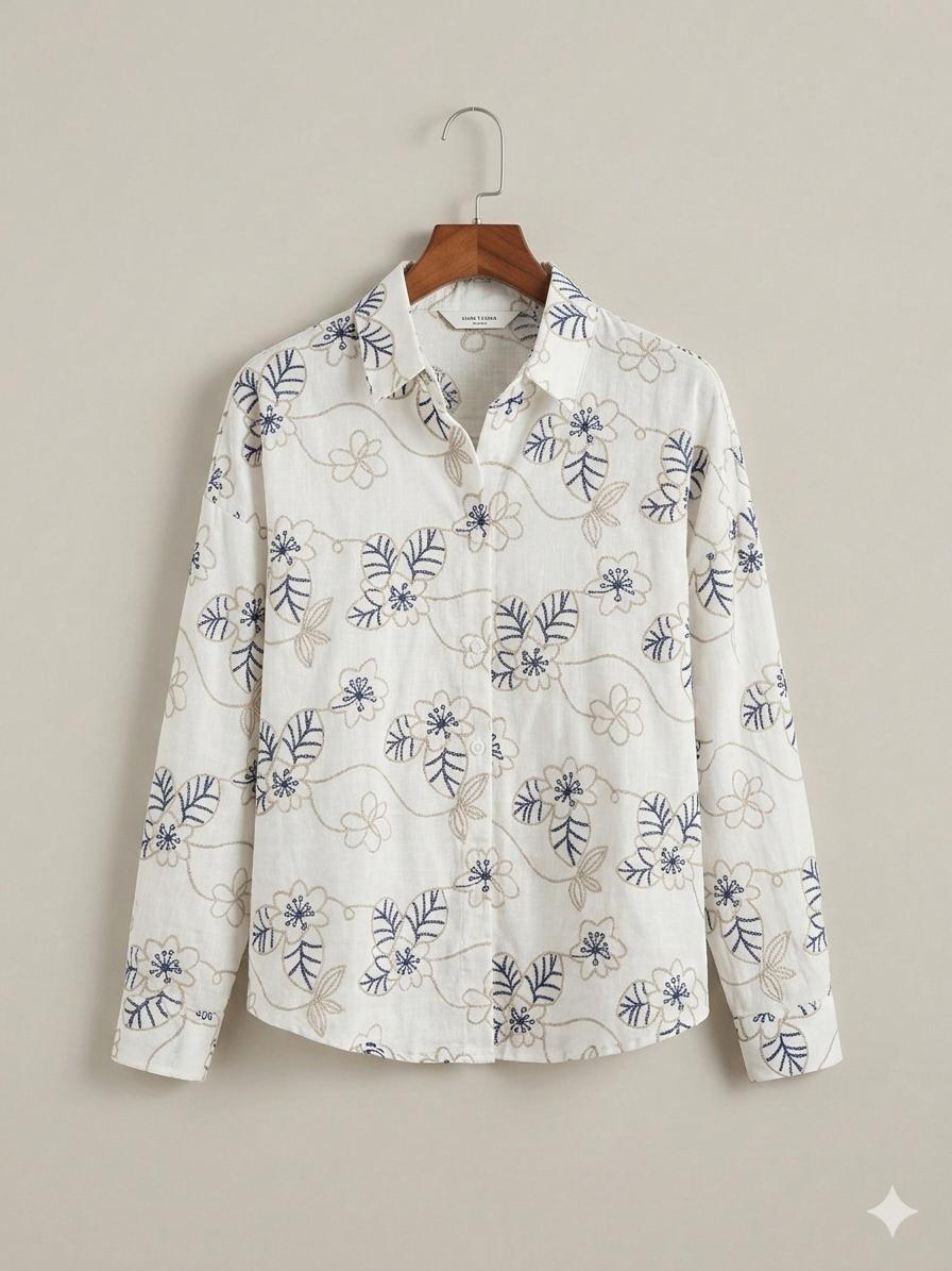 Italian-Made Cotton-Linen Blend Shirt with Sırma-Style Floral Print