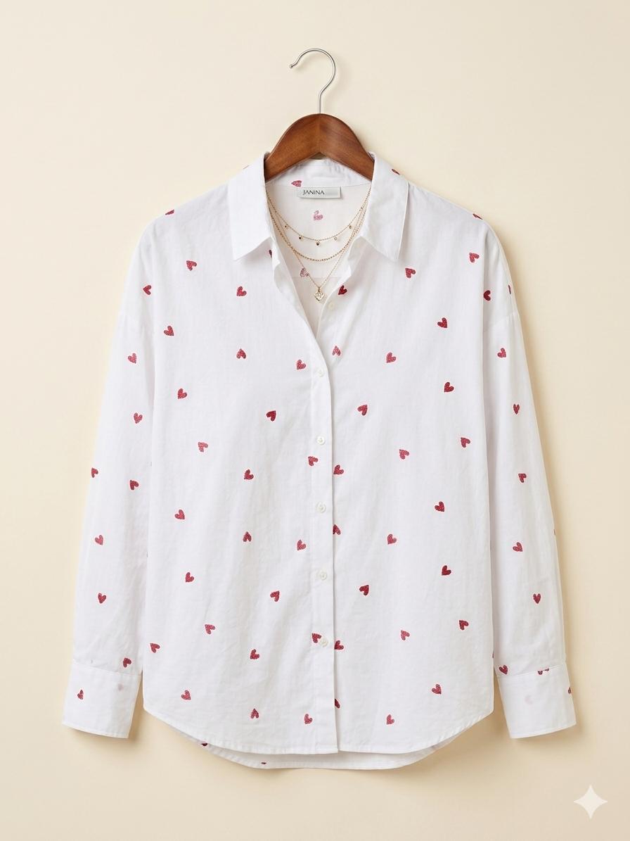 German-Made 100% Cotton Heart Print Shirt in Crisp White