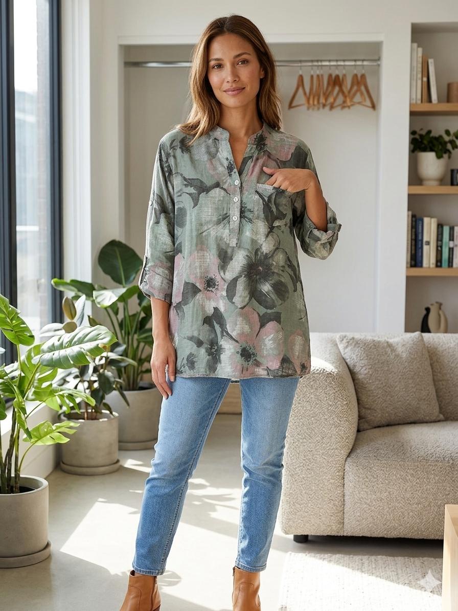 Floral Print Linen-Blend Tunic Blouse – Sage Green & Dusty Rose