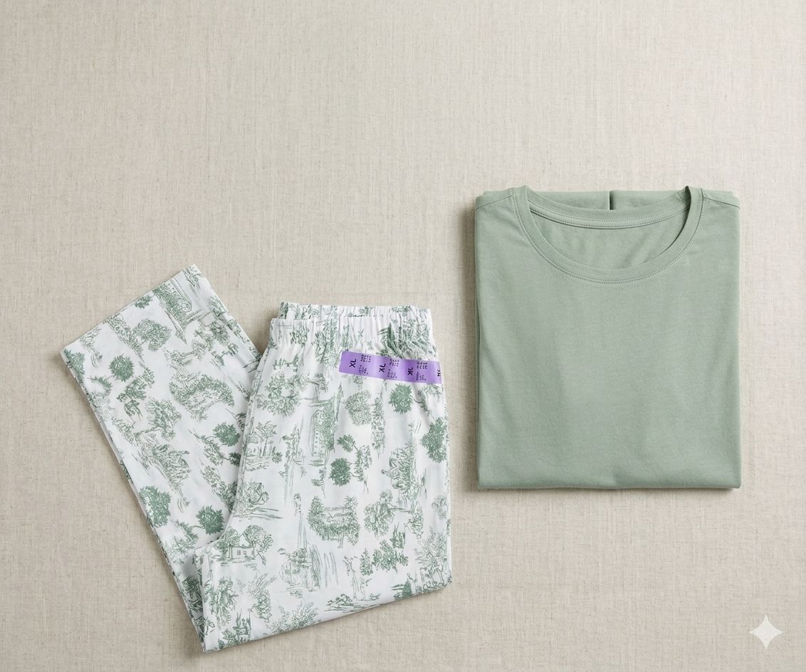 This is a two-piece women's pajama or lounge set. It features a pair of full-length, wide-leg pants