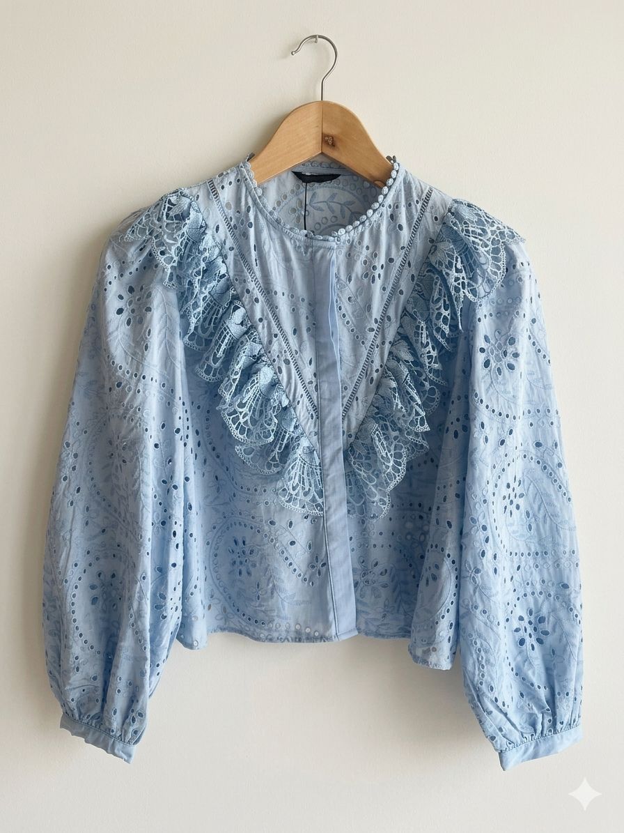 Imported from ZARA 100% Cotton Embroidered Eyelet Blouse in Baby Blue