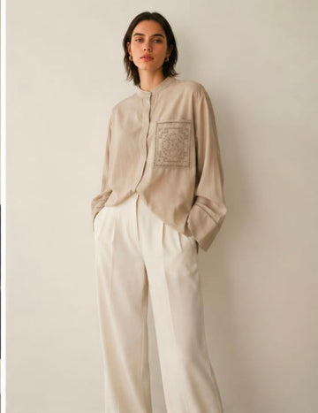 Embroidered Stand-Collar Blouse