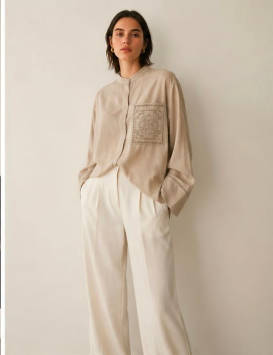 Embroidered Stand-Collar Blouse