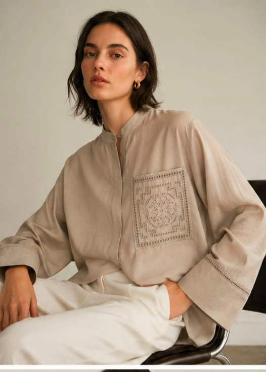 Embroidered Stand-Collar Blouse
