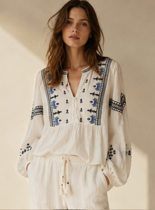 Embroidered Linen Blend Blouse